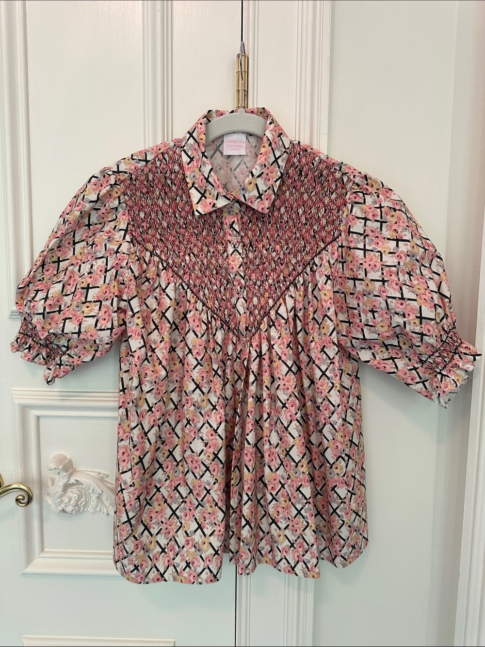 Loretta Caponi Milvia Floral Smocked Puff Sleeve Blouse in Pink and Black